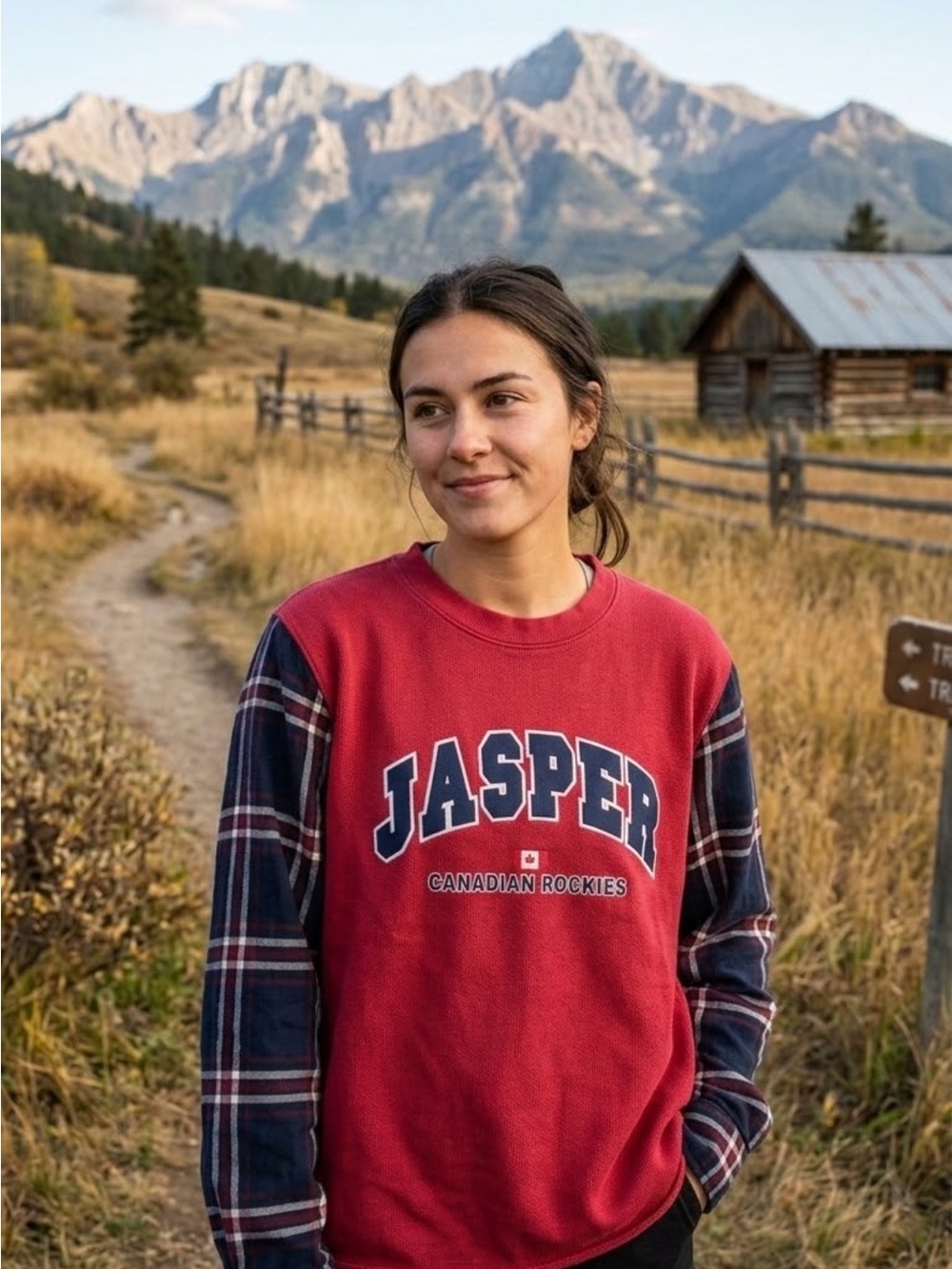 Upcycled “Jasper Rocky Mountains” sweatshirt with flannel.